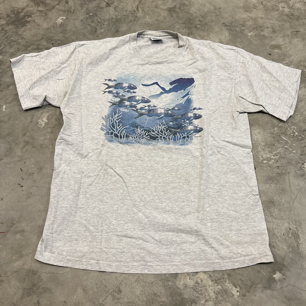 Vintage 90s Tradewinds Scuba Diving Shirt Size XL Blue Fish Single Stitch